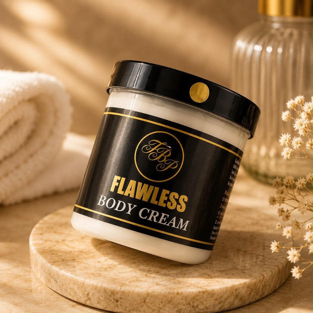 Flawless Body Cream jar on a stone pedestal