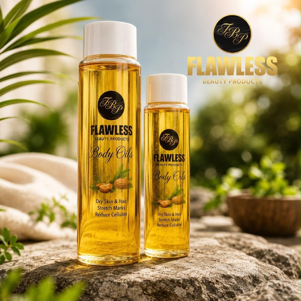 Flawless Body Oils bottles in 125ml and 200ml