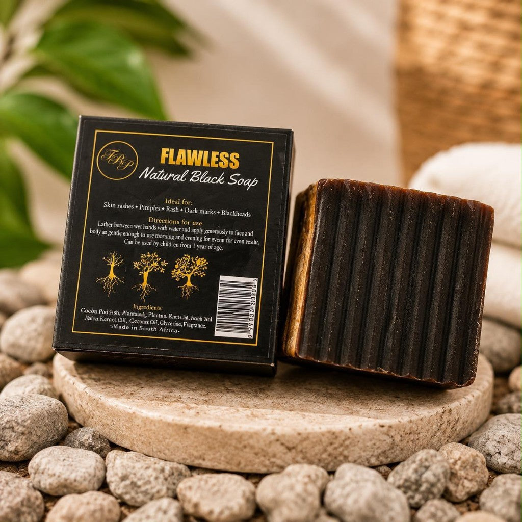 Flawless Natural Black Soap bar and box